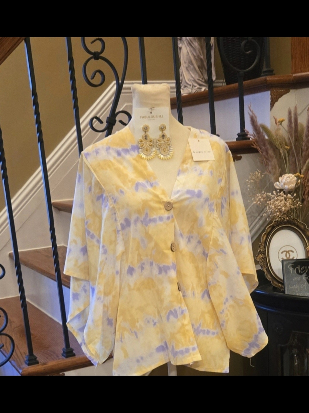 Do everything in love Yellow & Purple Tie-Dye Button Front Blouse With Earrings